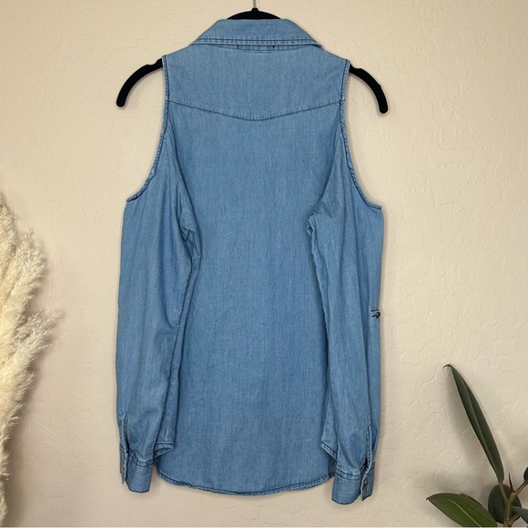Denim Chambray Cold Shoulder Button Down Shirt, Size small - Picture 8 of 14